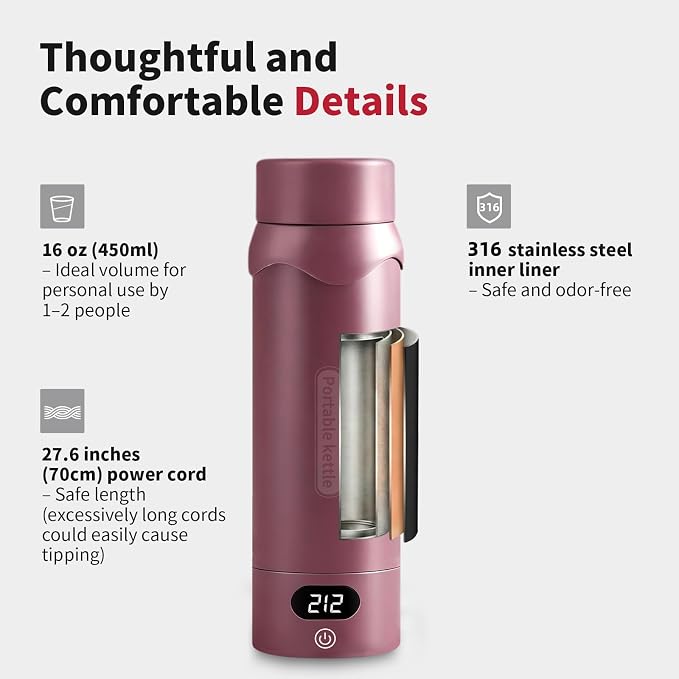 Travel Electric Kettle, Insulated Water Bottle with 4 Temp, Black Cherry | 316 Stainless Steel Liner, 400ml, Auto Shut-Off & Leak-proof, Mini Travel Essentials Portable Office Gifts for Tea Lovers