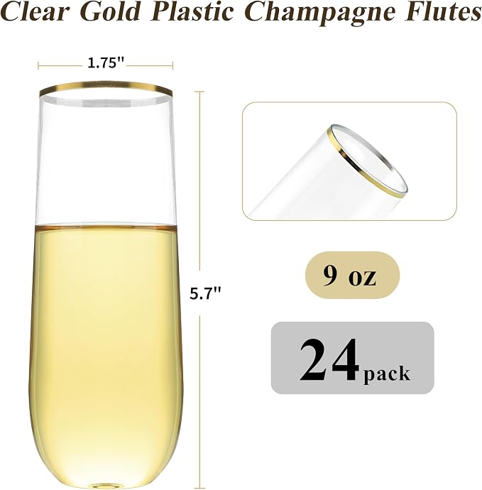 Bestluck 24 Pack 9 oz Stemless Plastic Champagne Flutes Gold Rim | Clear Disposable Champagne Glasses, Shatterproof and BPA-Free Drinkware for Party & Graduation & Wedding