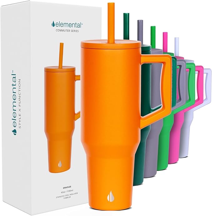 Elemental Spill Proof 40oz Insulated Tumbler with Handle & Straw Travel Mug | Stainless Steel Commuter Travel Coffee Mug for Cold Beverages, Includes 2 Straws & a Spill Proof Lid for Everyday Use