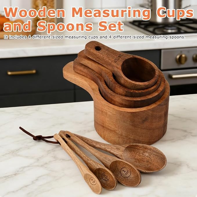 8-Piece Acacia Wood Nesting Measuring Cups and Spoons Set, Laser Engraved Precision Markings, for Baking & Cooking, Gift for Bakers Chefs Home Cooks, Rustic Farmhouse Kitchen Decor