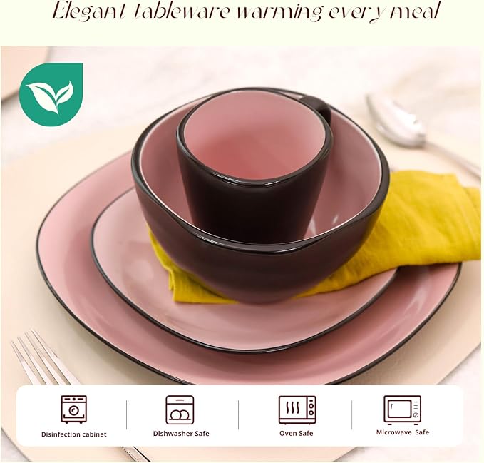 HomeVss, Stoneware Square 16pc Dinnerware Set, Inside Shiny Rose + Outside Matte Black