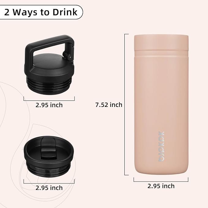 BJPKPK 20 oz Insulated Travel Water Bottle, Coffee Tumbler Stainless Steel | Double Wall Vacuum, Leakproof, Thermal, Keeps Hot/Cold, BPA Free, Dishwasher Safe, Spill Proof, Wide Mouth, 2 Lids, Peach