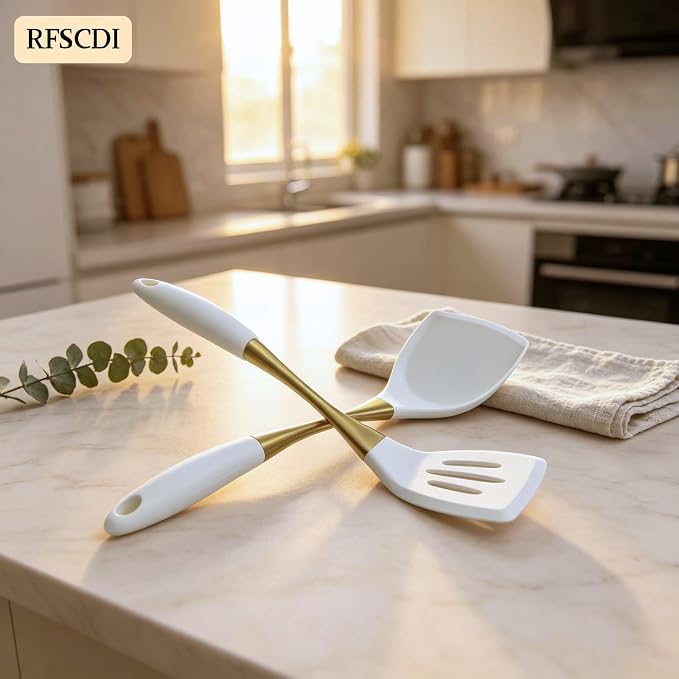 Heat-Resistant Kitchen Spatula Set – Non-Toxic Cooking Utensils with Solid & Slotted Designs –Food Grade Silicone and Gold-Plated Stainless Steel Handles –Ideal for Nonstick Cookware, Gold