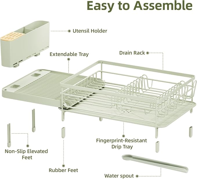 Urackify Extendable Dish Rack, 18.5"-26.7" L x 12.7" W, Soft Celery Green | Multifunctional large dish rack with cup holder and built-in cutlery holder for versatile drying needs
