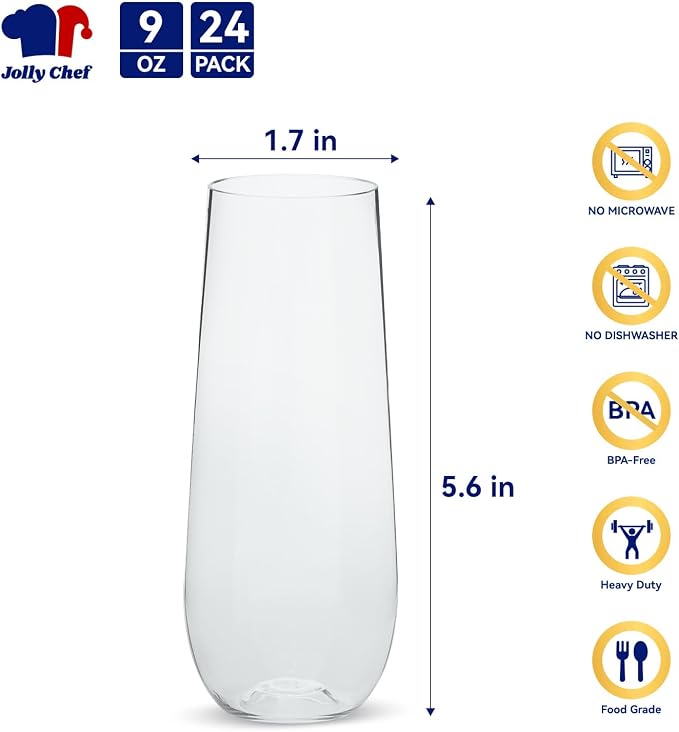 JOLLY CHEF 24 Pack 9 oz Stemless Plastic Champagne Flutes Crystal Glasses | Clear Stemless Plastic Toasting Glasses, Disposable Unbreakable Drinkware Ideal for Wedding, Birthday, Party, Thanksgiving