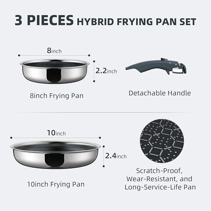 Hybrid Non Stick Frying Pans Set 3-Piece, 8 & 10 Inch Tri-Ply Stainless Steel Pans Set with Detachable Handle, PFOA Free Kitchen Skillets for All Cooktops, Dishwasher & Oven-Safe Cooking Pan