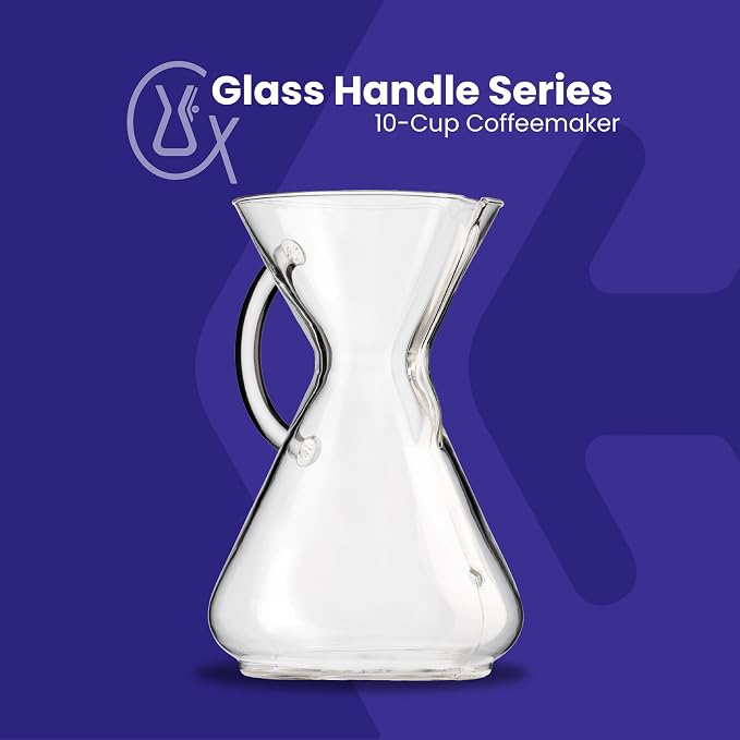 Chemex Pour-Over Glass Coffeemaker - Glass Handle Series - 10-Cup - Exclusive Packaging | All-Glass Handle Manual Drip Coffee Brewer, Borosilicate Glass, Uses Bonded Filters, Sediment-Free