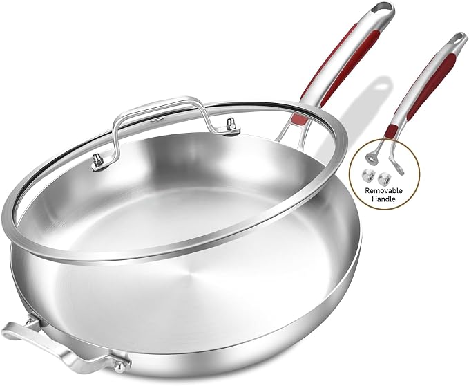 Inqibee 13 Inch Stainless Steel Frying Pan with Lid, Detachable Handle | Tri-Ply Stainless Steel Skillet, Fast & Even Heating, Stay-Cool Removable Silicone Handle, Induction Ready, Dishwasher Safe