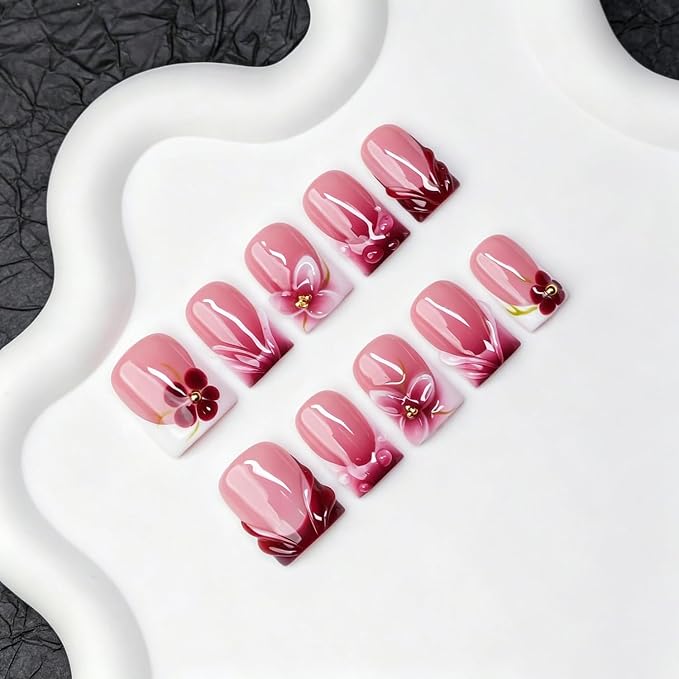 Handmade Press on Nails Gradient French Tip Short Square Acrylic Nails 10pcs Soft Gel Fake Nail Kit with Flower Designs Salon-Quality Muti-Layer Gel Hand Made Press on Nails for Women（M)