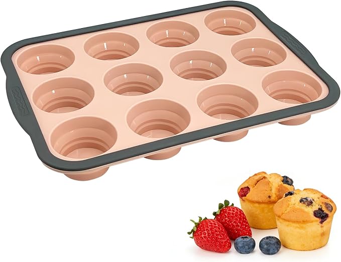 Silicone Muffin Pans for Baking with Metal Frame, 12-Cup Silicone Muffin Pan, BPA-Free Nonstick Coating, Easy Release & Clean, Oven & Dishwasher Safe ,Versatile for Baking, Custards & Cupcakes(Pink)