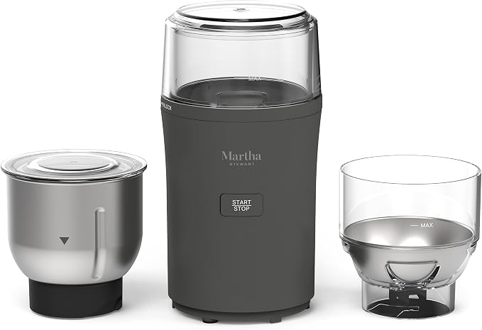 Martha Stewart Electric Coffee & Spice Grinder with Dual Bowls, Caviar Gray | Dual 2.5oz Removable Bowls for Coffee Beans, Nuts, Herbs & Spices, Stainless Steel Blade, One-Touch Pulse Control, Easy Clean