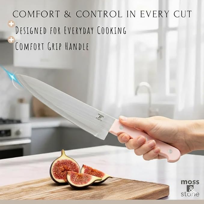 Moss & Stone Pink 14 Pcs Kitchen Knife Set with Block, Stainless Steel | Premium forged kitchen knives with high-carbon sharp blades, ergonomic handle, rust-resistant knife block set for home & chef