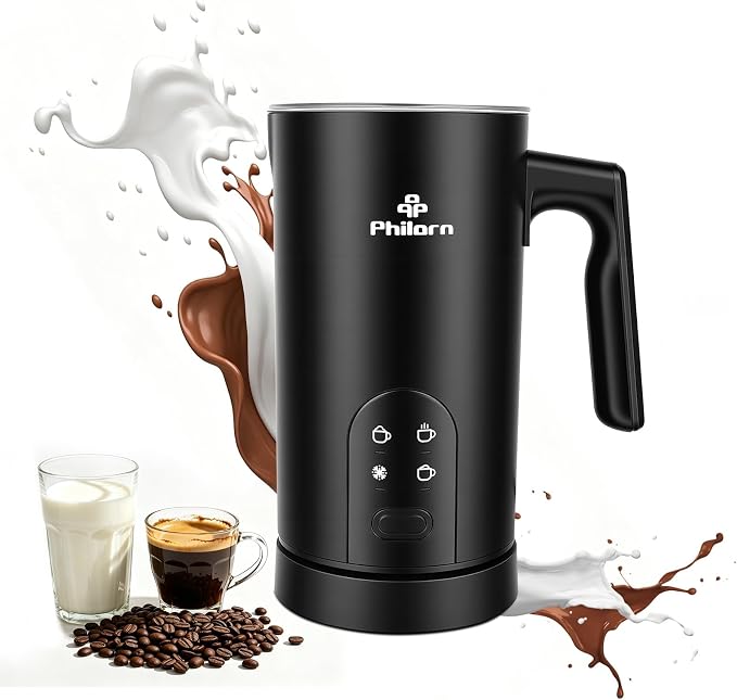 Philorn 4-in-1 Electric Milk Frother and Steamer, Frother for Coffee - Quick Hot & Cold Foam, Warm Milk, 350ml/11.8oz, Quiet, Auto Shut-Off, Non-Stick, for Coffee Lovers, Home & Office