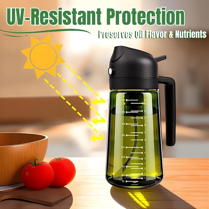 2 in 1 Olive Oil Sprayer and Dispenser, 16oz Glass Oil Spray Bottle with Measurement Marks, grilling spray bottle, Light Blockage Dark Oil Sprayer 2 Pack for Air Fryer, Salad, Cooking, BBQ