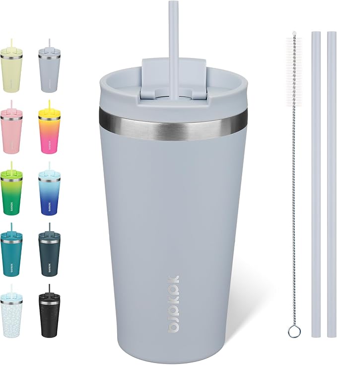 BJPKPK 18 oz Coffee Tumbler with Straw, Insulated Stainless Steel Cup | Double Wall Vacuum, Leak Proof, Keeps Hot/Cold, BPA Free, Dishwasher Safe, Cupholder Friendly, Travel, Modern Blue