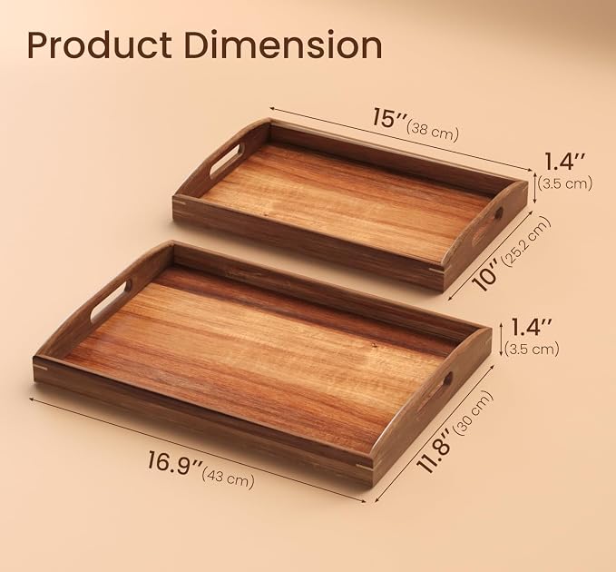 Acacia Wood Set of 2 Serving Trays with Handles Decorative Tray | 2 Pack, Decorative Trays, for Coffee Table, Kitchen Counter, Breakfast, Party