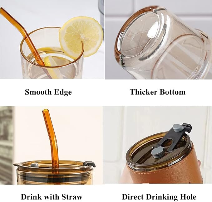 BLUEPOLAR 13oz/400ml Glass Tumbler Water Cup with Straw and Lid, Sealed Carry on for Coffee, Iced Tea, Thick Wall Insulated Amber 2-Pack