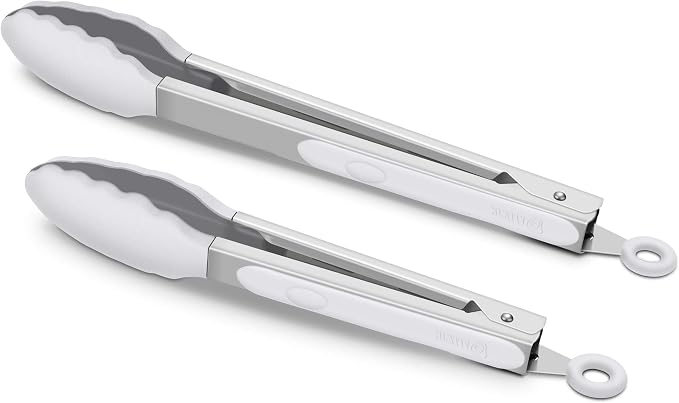 2 Pack Silicone Kitchen Tongs – 9" & 12" Set, Heat Resistant up to 500°F, Non‑Stick Cookware Safe, Wavy Silicone Tips, BPA Free, Locking Clip & Hanging Loop, Light Grey