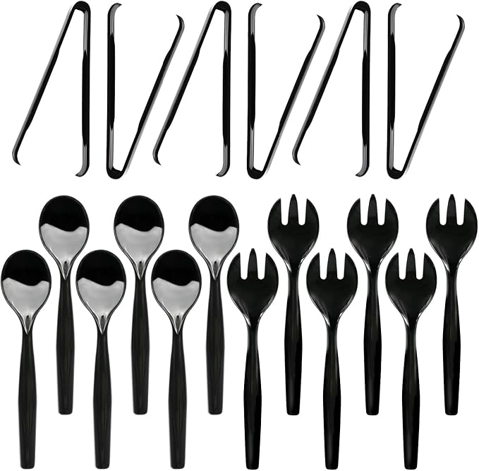 Party Essentials Disposable Heavy Duty Plastic Serving Utensils for Buffets Events Parties, 6-Sets of Spoons/Forks/Tongs, Black