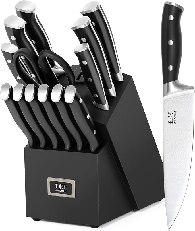 15 Pcs Knife Set with Block, Dishwasher Safe Kitchen Knife Set with Built in Sharpener Block, High Carbon Stainless Steel Dishwasher Safe Knives with Ergonomic Handles for Chef, Black Pro