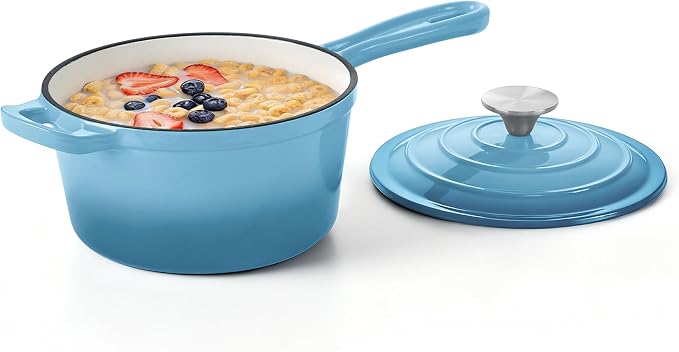 Homikit Small Cast Iron Pot, 2 QT Enameled Cast Iron Sauce Pan with Lid, Heavy Duty Enamel Dutch Oven Kitchen Cookware for Making Pasta, Boiling Soup, Warming Milk, Nonstick & Oven Safe, Sky Blue