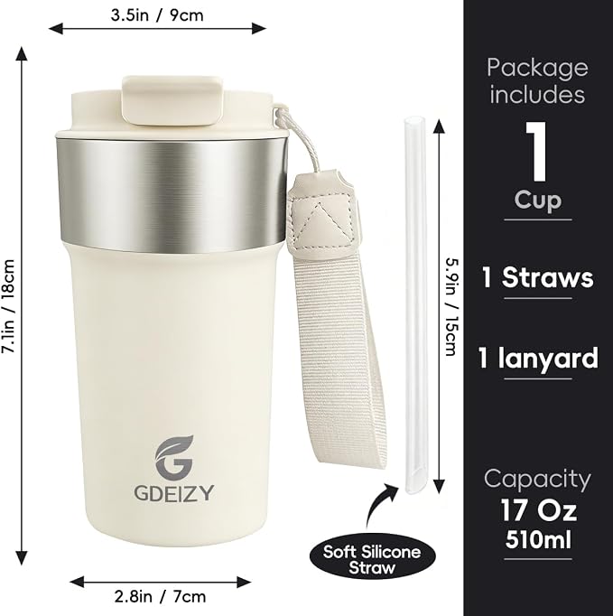 Insulated Travel Coffee Mug, 17oz Stainless Steel Leakproof Flip Straw Cup | Double Wall Vacuum Insulated, BPA-Free Material, Reusable Tumbler for Hot & Cold Drinks, Classic Black, Fits Car Cup Holders