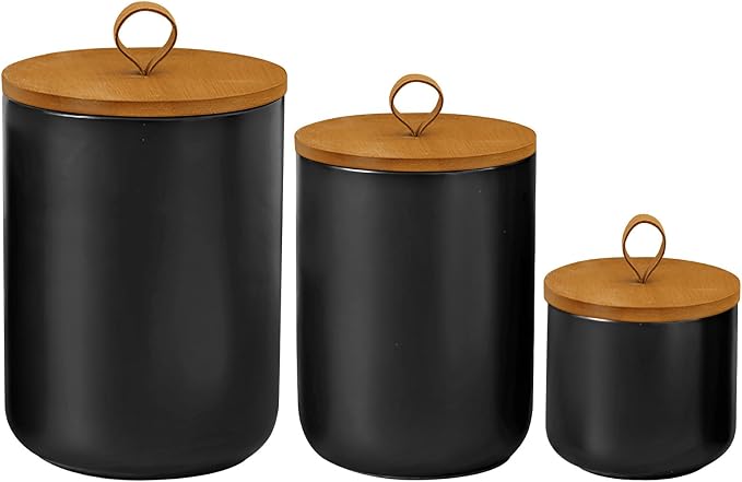 Ceramic Storage Jars, Modern Airtight Canisters with Wooden Lid (Z-three-piece suit in black) | Highly Polished Surface, Small Food Storage, Ideal For Kitchen, Spice, Tea, Sugar, Coffee
