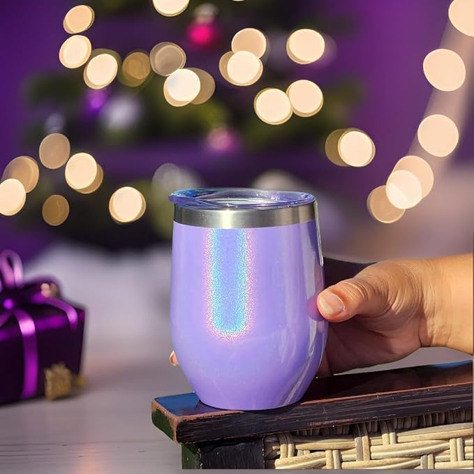 CHILLOUT LIFE 12 oz Stainless Steel Wine Tumblers 2 Pack - Double Wall Vacuum Insulated Wine Glasses Cups with Lids and Straws Set Keeping Cold & Hot for Coffee, Beer, Ice Cream - Purple Sparkle