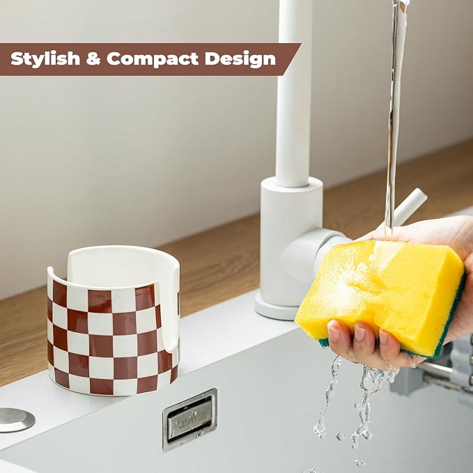 Zoeeker Sponge Holder for Kitchen Sink, Ceramic Checkered Dish Sponge Caddy | Sink Caddy Scrubby Holder Kitchen Organizer Dish Brush Holder for Sink Countertop, Farmhouse Kitchen Decor, Brown and White