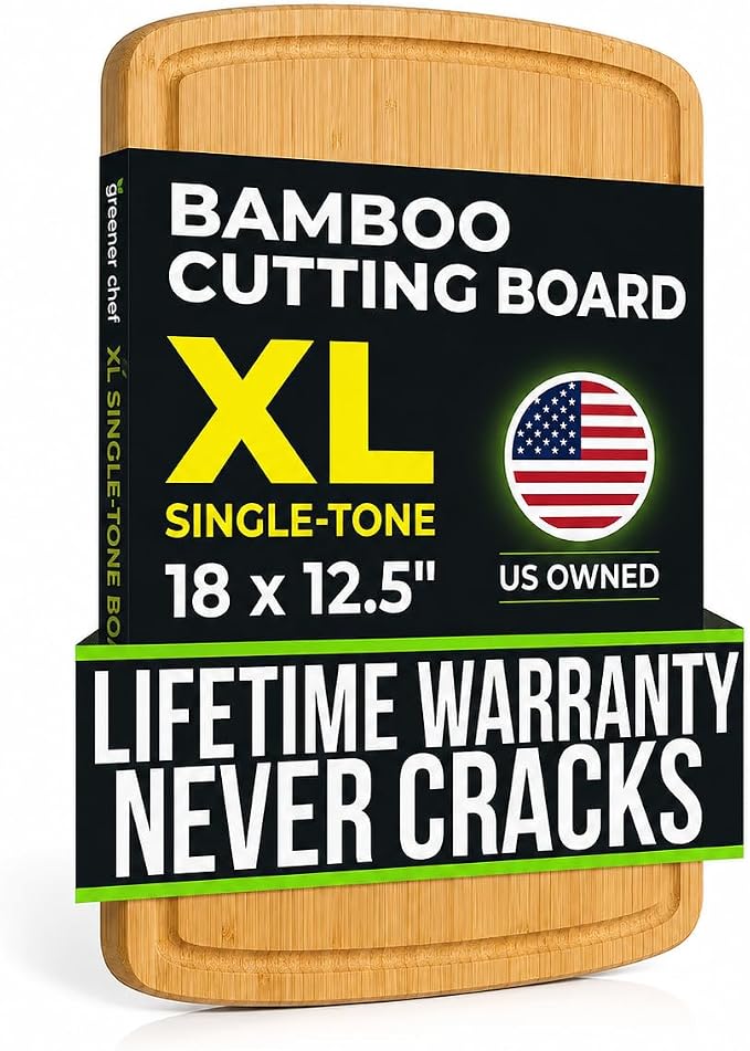 GREENER CHEF 18 Inch Extra Large Bamboo Cutting Board with Lifetime Replacements - Organic Wooden Butcher Block, XL Chopping Board for Kitchen, Meat, Vegetables, and Food Prep