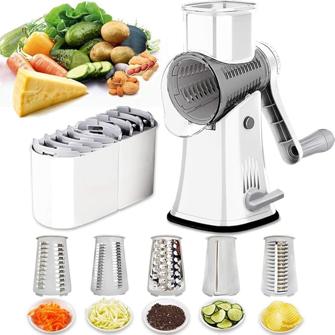 Hand Crank Rotary Cheese Grater Vegetable Shredder Slicer with 5 Blades | Strong sunction base, 5 interchangable sharp drum blades meet various cooking needs, shred block of cheese in seconds