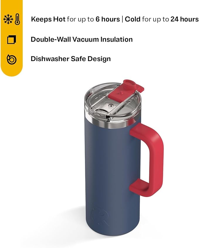 RTIC 20oz Road Trip Travel Mug with Lid and Handle, Ceramic Lined, Insulated, Stainless Steel, Metal, Double Wall Vacuum-Insulation, Portable Coffee, Tea Cup for Hot and Cold Drink, Patriot