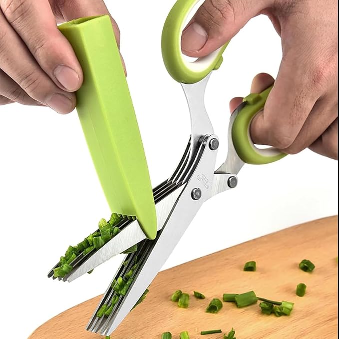 Herb Scissors Set, Stainless Steel 5 Blade Kitchen Salad Scissors with Safety Cover & Cleaning Comb, Multipurpose Herb Stripping Tool(COLOR:Green)