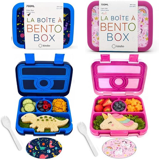 Bento Box Lunch Boxes for Kids Boys Girls, Snack Containers for Toddler Daycare, Pre-School Lunches, 4 Divided Compartments, Pink Unicorn + Blue Space Dinosaur 2 pack