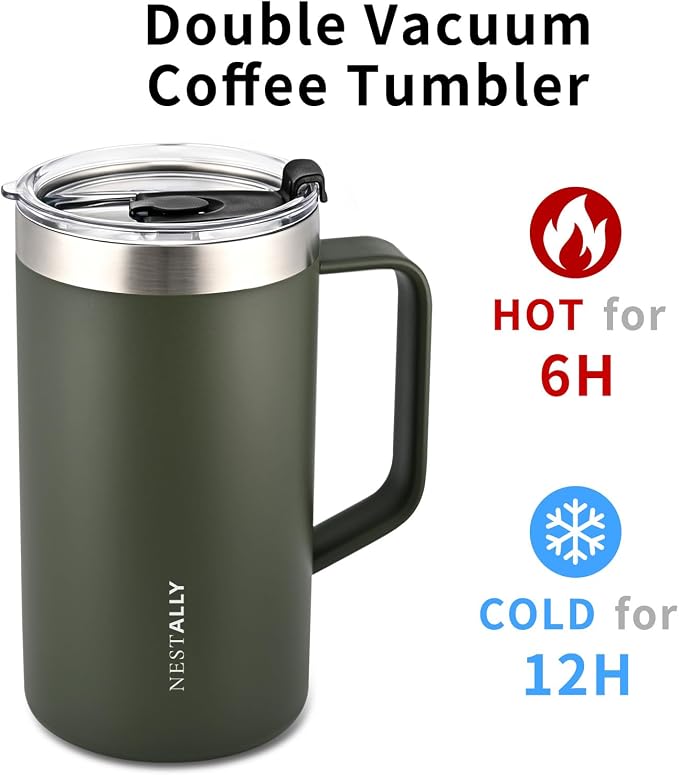 NESTALLY Cozy 20oz Insulated Coffee Mug with Handle & Lid, Olive Green | Stainless Steel Double Wall Vacuum Travel Mug for Hot & Cold Drinks, Reusable Coffee Tumbler, Non-Slip Base, BPA-Free