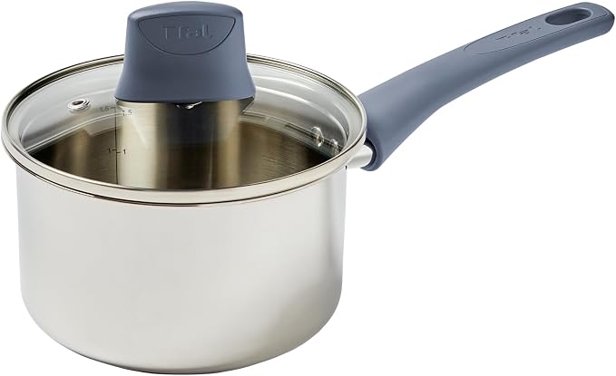 T-fal Essentials Stainless Steel Sauce Pan with Lid 3.2 Quart, All Cooktops Including Induction, Oven Safe 350F, Multipurpose Saucepan, Chef's Classic Pot,Measuring Marks, Dishwasher Safe Silver/Blue