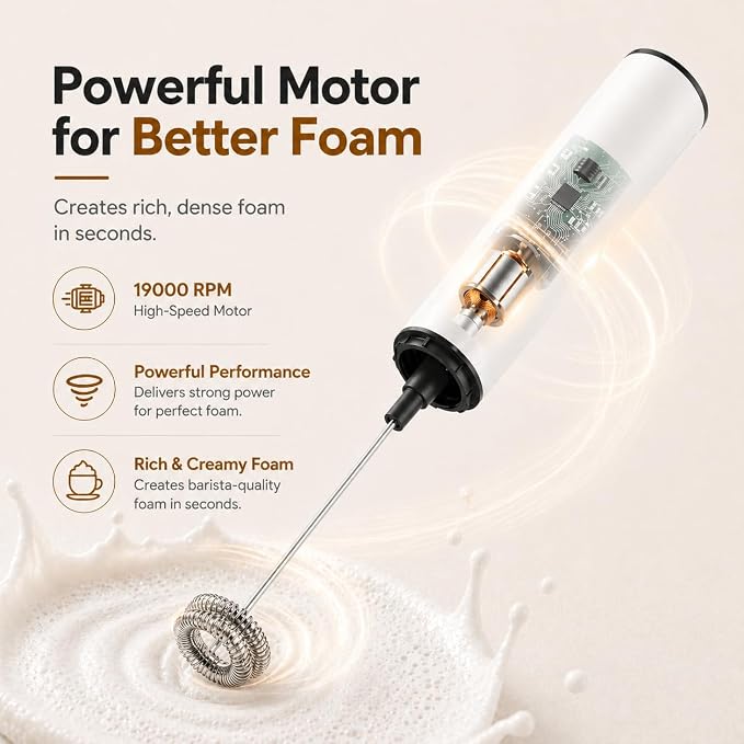 Rechargeable Milk Frother with Stand, Electric Whisks Foam Maker, POWERFUL USB C 2 Speed Handheld Drink Mixer for Coffee, Latte, Cappuccino, Matcha Drinks,White