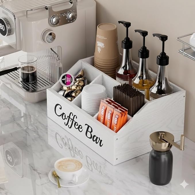 2 Pack Coffee Station Organizer for Countertop – Wooden Coffee Bar Organizer with Adjustable Dividers,Holds K Cup Pod & syrup bottles, for Kitchen, Office, or Bar and Tea Station, White