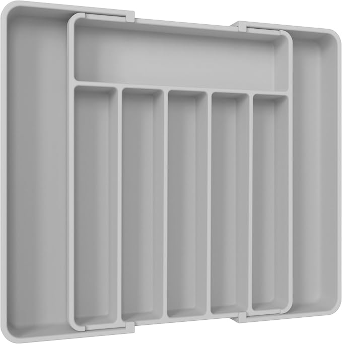 Aujen Silverware Drawer Organizer, Adjustable Utensil Cutlery Tray | Expandable Kitchen Organizer for Forks Knives, Multipurpose Kitchen Storage, Apartment Essentials, Light Grey, Large