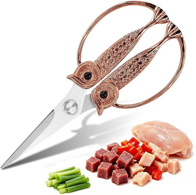 XSNBRD Kitchen Shears Heavy Duty, Rose Gold Stainless Owl Scissors. | Ergonomic owl handle,rose gold finish,sharp stainless steel, all-purpose for poultry, herbs,food prep; ideal home gift.