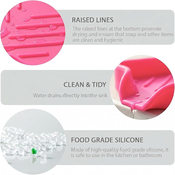 MicoYang Silicone Soap Dish with Drain Spout, Self-Draining Sink Organizer Tray for Bathroom and Kitchen, Sponges, Dispensers and Soap Holder, Non-Slip and Dishwasher Safe, Rose (Compact, 4.9"×3.2")