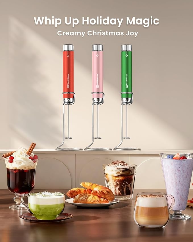 Maestri House LunaFro Max Rechargeable Milk Frother,Stepless Speed Control | 2000mAh lithium battery Frother Handheld, IPX6 Electric Drink Mixer with Stand & 2 Detachable Whisks for Lattes, Cappuccino