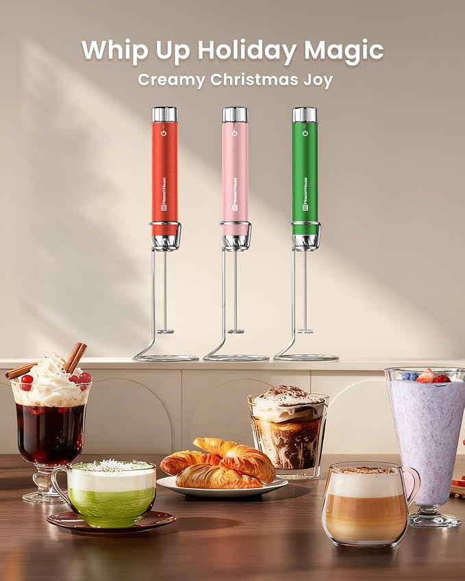 Maestri House LunaFro Max Rechargeable Milk Frother,Stepless Speed Control | 2000mAh lithium battery Frother Handheld, IPX6 Electric Drink Mixer with Stand & 2 Detachable Whisks for Lattes, Cappuccino