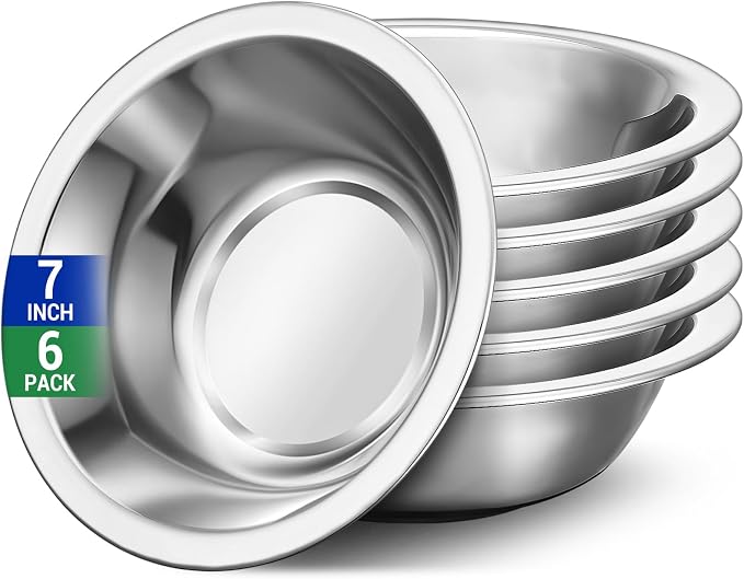 304(18/8) Stainless Steel Mixing Bowls for Kitchen, 6 Pack 7" 21.22 fl.oz Metal Mixing Bowls Set Stackable for Baking Serving Cooking Food Prep Storage Dishwasher Safe Heavy Duty