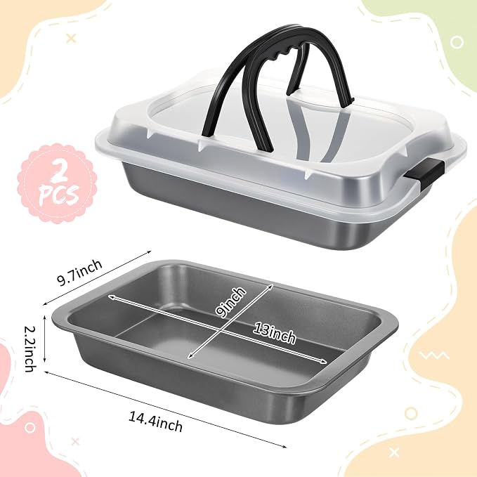 Qinyoung 2 Pcs Black Gray Cake Pan with Lid and Handle, 9 X 13 Inch | Non-stick, Rectangle Sheet Cake Pan, Covered Carrier, Brownie Roasting, Cooking, Baking