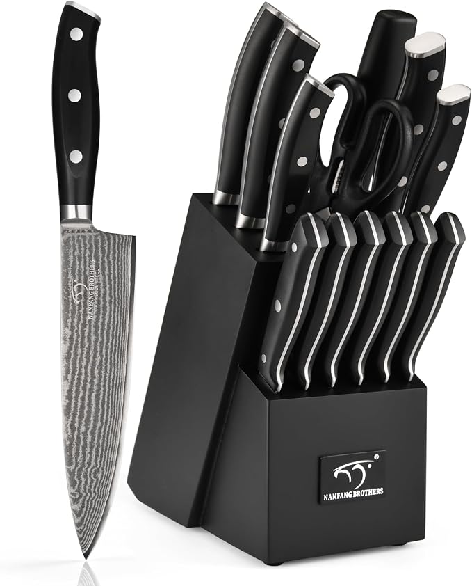 NANFANG BROTHERS Damascus Kitchen Knife Set 14 Pieces with Shears & Sharpener - VG10 Damascus Steel, ABS Ergonomic Handle, Wooden Block Storage Black