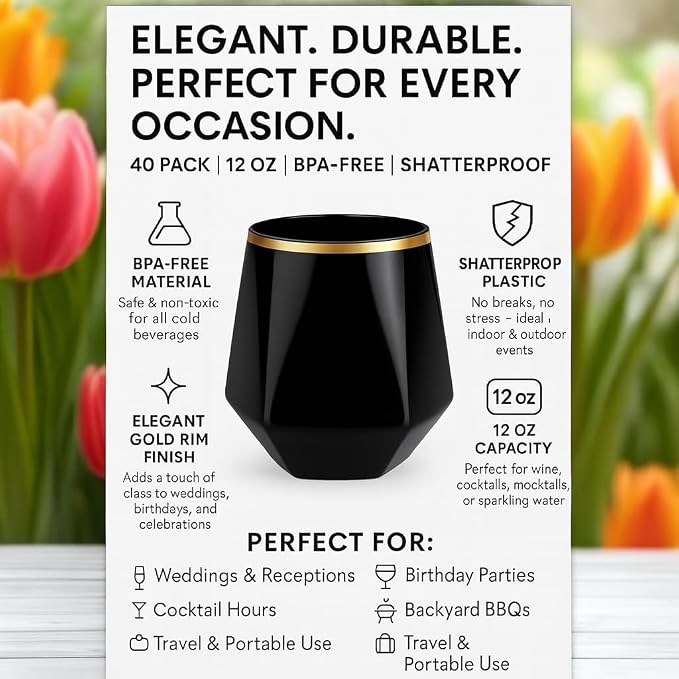 Oojami 40 Pack Diamond-Shaped Disposable Plastic Wine Glasses, 12 oz Stemless Cups for Champagne, Whiskey, Cocktails, Party Drinkware for Weddings, Bars, Events, Diamond Black Matte Gold