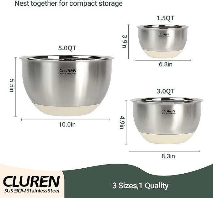 304 Stainless Steel Mixing Bowls of 3 (No lids) | Heavy-Gauge Metal Bowls with White Non-Slip Silicone Base – Nesting, Dishwasher Safe for Salad, Meal Prep