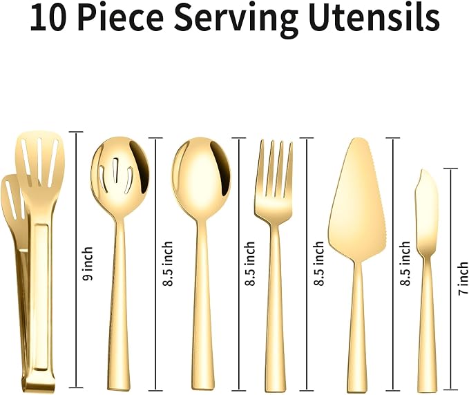 Stainless Steel Serving Utensils, 10PCS Serving Utensils Flatware Set | Gold Serving Set include Spoons Forks Slotted Spoons Appetizer Tongs Cake Server Butter Knife for Party Wedding