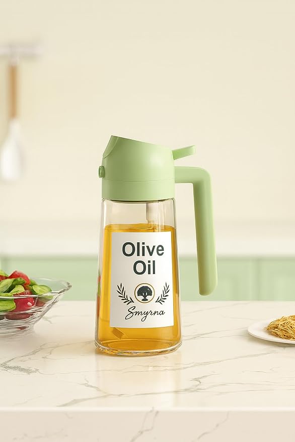 Glass Olive Oil Sprayer 16oz/470ml – 2-in-1 Oil Dispenser & Spray Bottle for Cooking, Portion Control, Salad, Air Fryer, BBQ – Leak-Proof, Fine Mist Bottle with 6 Decorative Labels (Green)